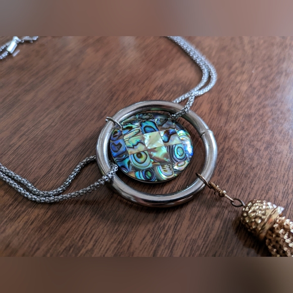 Handmade Gold Fringe and Rainbow Abalone Pendant Choker Necklace - Picture 3 of 9